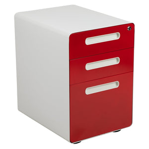 English Elm Wren Ergonomic 3-Drawer Mobile Filing Cabinet with Lock, Anti-Tilt Safety & Versatile Organization Options White and Red HZ-AP535-02-RED-WH-GG