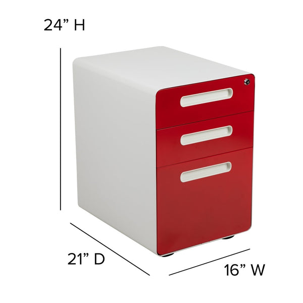 English Elm Wren Ergonomic 3-Drawer Mobile Filing Cabinet with Lock, Anti-Tilt Safety & Versatile Organization Options White and Red HZ-AP535-02-RED-WH-GG