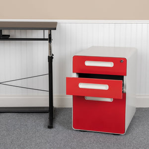 English Elm Wren Ergonomic 3-Drawer Mobile Filing Cabinet with Lock, Anti-Tilt Safety & Versatile Organization Options White and Red HZ-AP535-02-RED-WH-GG