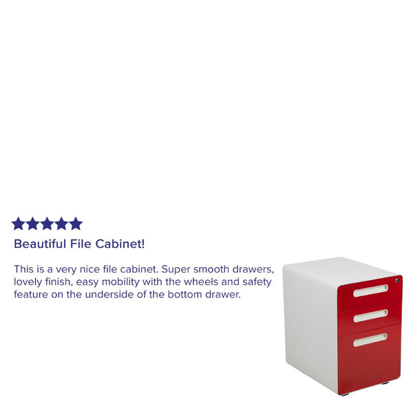 English Elm Wren Ergonomic 3-Drawer Mobile Filing Cabinet with Lock, Anti-Tilt Safety & Versatile Organization Options White and Red HZ-AP535-02-RED-WH-GG