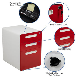 English Elm Wren Ergonomic 3-Drawer Mobile Filing Cabinet with Lock, Anti-Tilt Safety & Versatile Organization Options White and Red HZ-AP535-02-RED-WH-GG