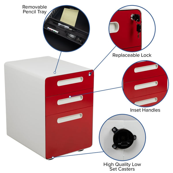 English Elm Wren Ergonomic 3-Drawer Mobile Filing Cabinet with Lock, Anti-Tilt Safety & Versatile Organization Options White and Red HZ-AP535-02-RED-WH-GG