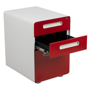 English Elm Wren Ergonomic 3-Drawer Mobile Filing Cabinet with Lock, Anti-Tilt Safety & Versatile Organization Options White and Red HZ-AP535-02-RED-WH-GG