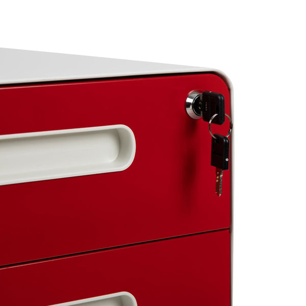 English Elm Wren Ergonomic 3-Drawer Mobile Filing Cabinet with Lock, Anti-Tilt Safety & Versatile Organization Options White and Red HZ-AP535-02-RED-WH-GG