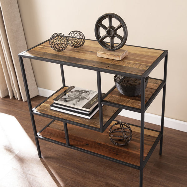 Safavieh Mathry Reclaimed Timber Etagere With Iron Frame Three Staggered Shelves Rustic Industrial HZ1058238