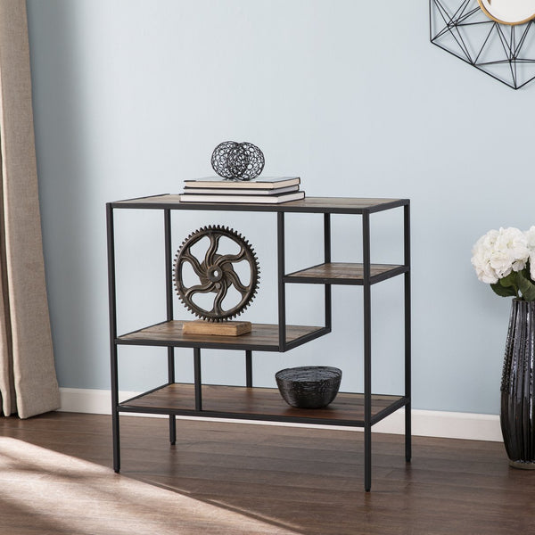 Safavieh Mathry Reclaimed Timber Etagere With Iron Frame Three Staggered Shelves Rustic Industrial HZ1058238
