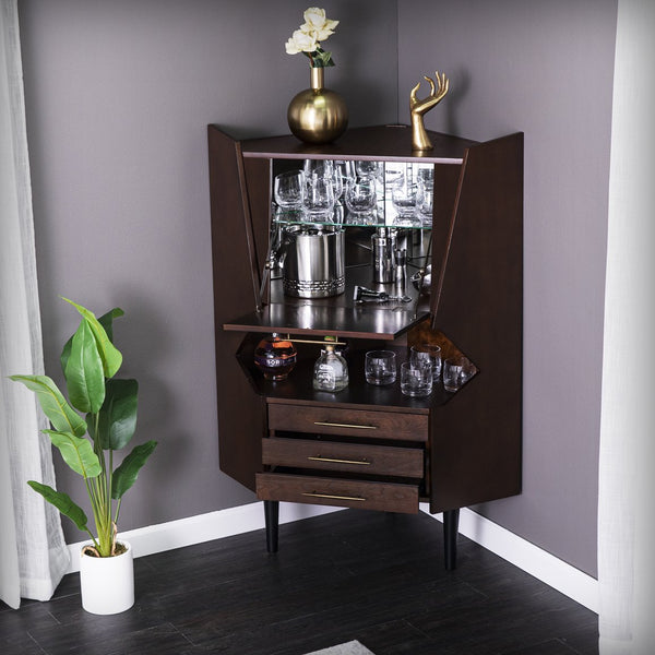 Safavieh Larson Midcentury Corner Bar Cabinet With Mirrored Interior And Fold Down Serving Top HZ1060