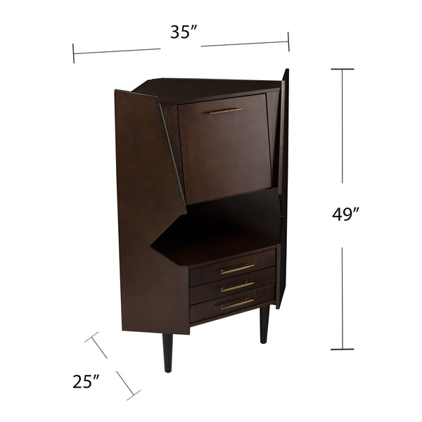 Safavieh Larson Midcentury Corner Bar Cabinet With Mirrored Interior And Fold Down Serving Top HZ1060