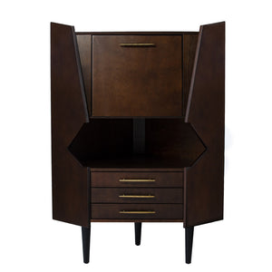 Safavieh Larson Midcentury Corner Bar Cabinet With Mirrored Interior And Fold Down Serving Top HZ1060