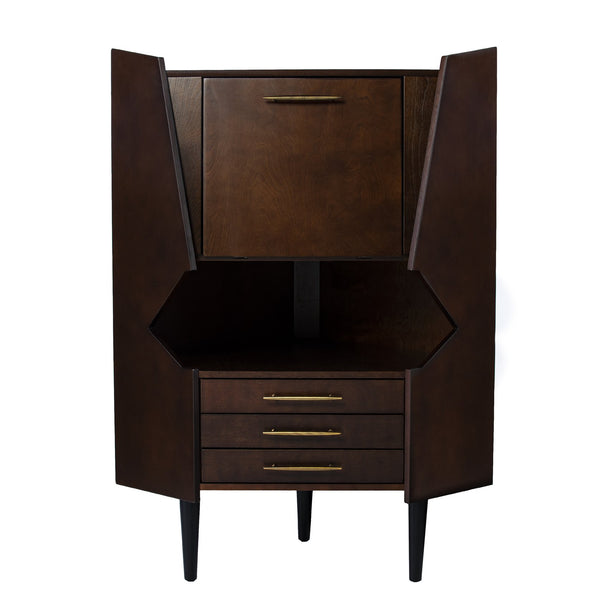 Safavieh Larson Midcentury Corner Bar Cabinet With Mirrored Interior And Fold Down Serving Top HZ1060