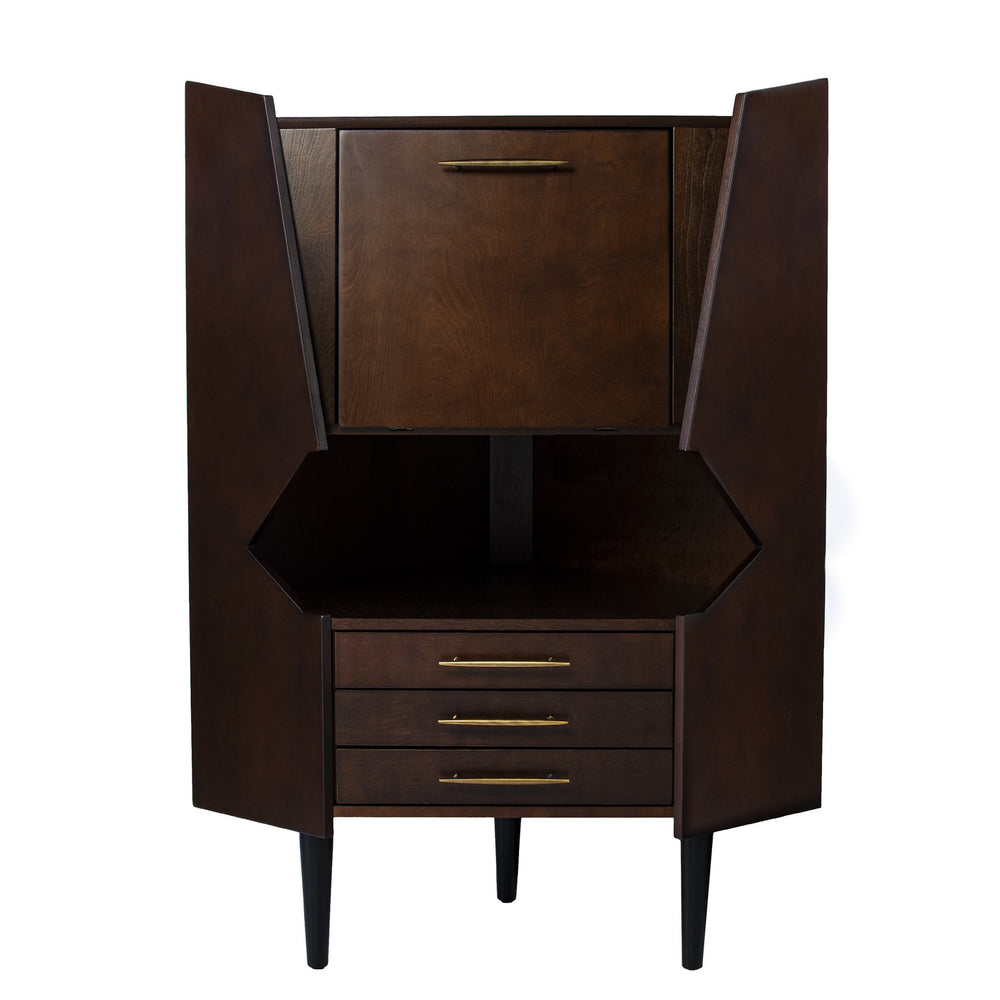 Safavieh Larson Midcentury Corner Bar Cabinet With Mirrored Interior And Fold Down Serving Top HZ1060