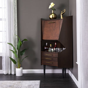 Safavieh Larson Midcentury Corner Bar Cabinet With Mirrored Interior And Fold Down Serving Top HZ1060