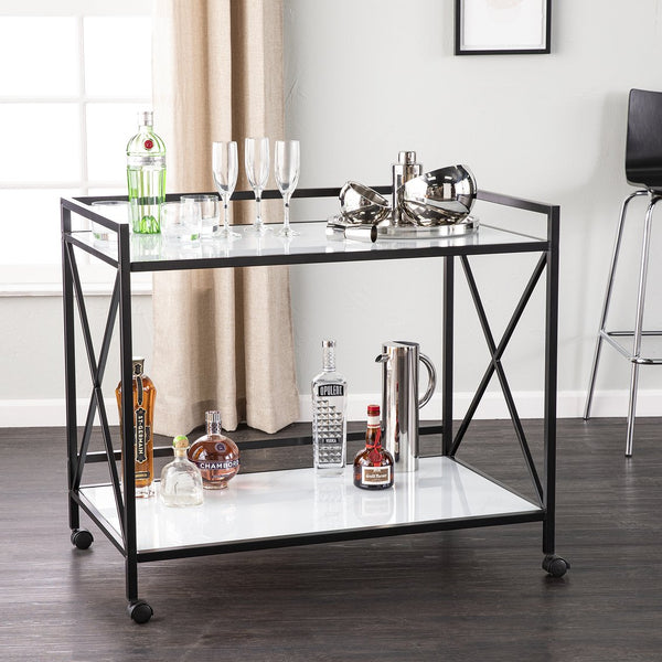 Safavieh Maxton Two Tier Tempered Glass Bar Cart With Iron Frame And Locking Caster Wheels HZ1221440