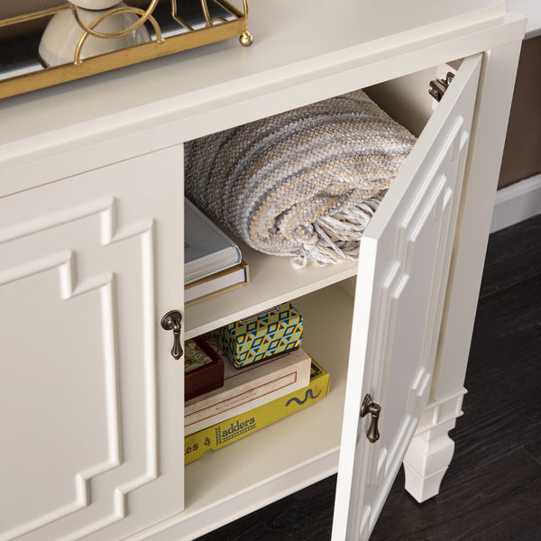 Safavieh Tropman Carved Door Accent Cabinet In Antique White With Turned Legs And Adjustable Shelf HZ1222405