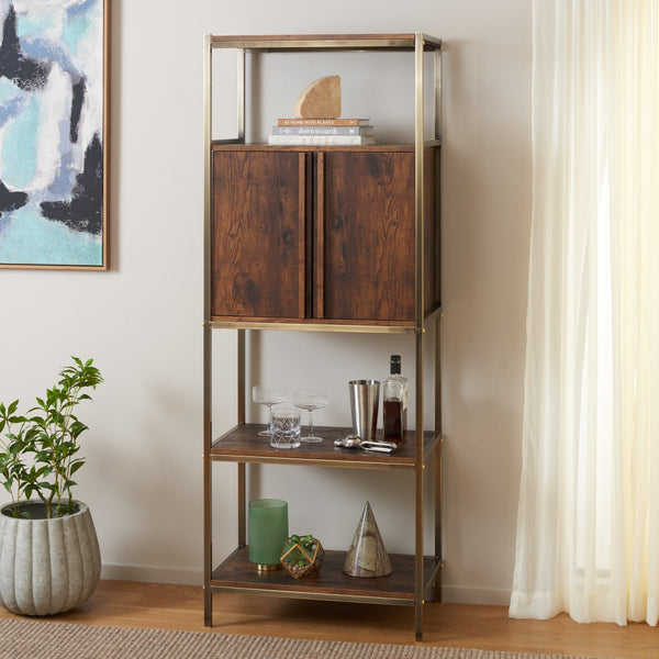 Safavieh Dayforth Tall Bar Cabinet With Mirror Accents Iron Frame Espresso Entertaining Storage ESPRESSO HZ1272841