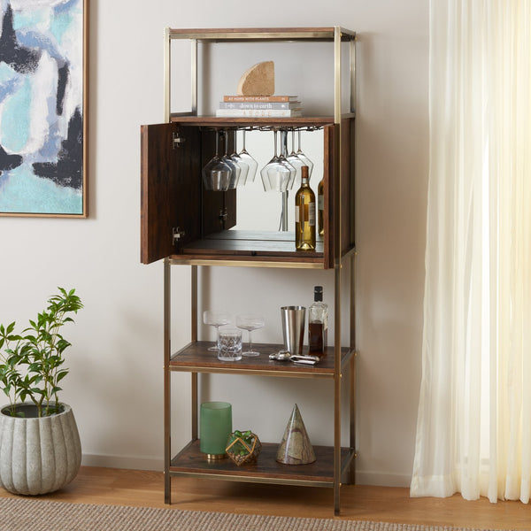 Safavieh Dayforth Tall Bar Cabinet With Mirror Accents Iron Frame Espresso Entertaining Storage ESPRESSO HZ1272841