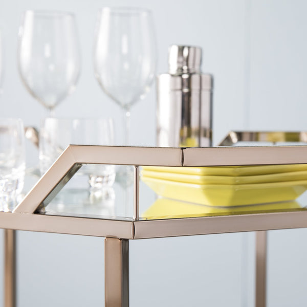 Safavieh Ari Art Deco Bar Cart With Mirrored Shelves And Champagne Iron Frame For Entertaining HZ2011