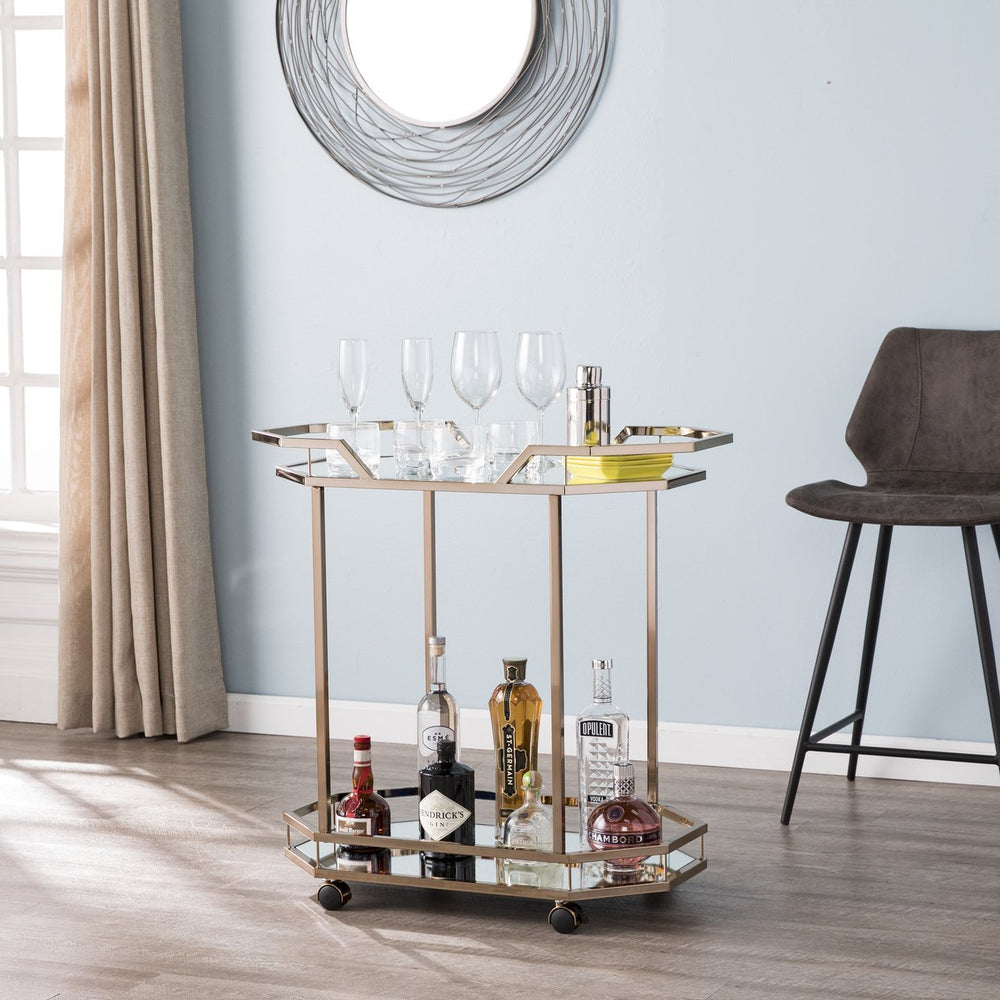 Safavieh Ari Art Deco Bar Cart With Mirrored Shelves And Champagne Iron Frame For Entertaining HZ2011