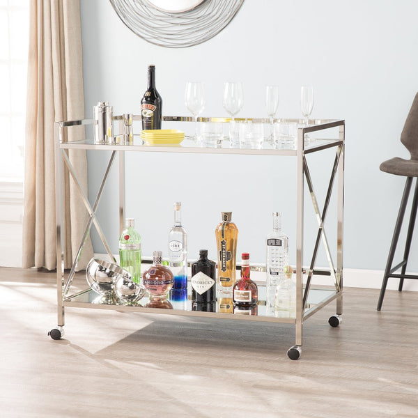 Safavieh Maxton Rolling Bar Cart With Tempered Glass Shelves And Iron Frame For Modern Entertaining CHARCOAL HZ2040