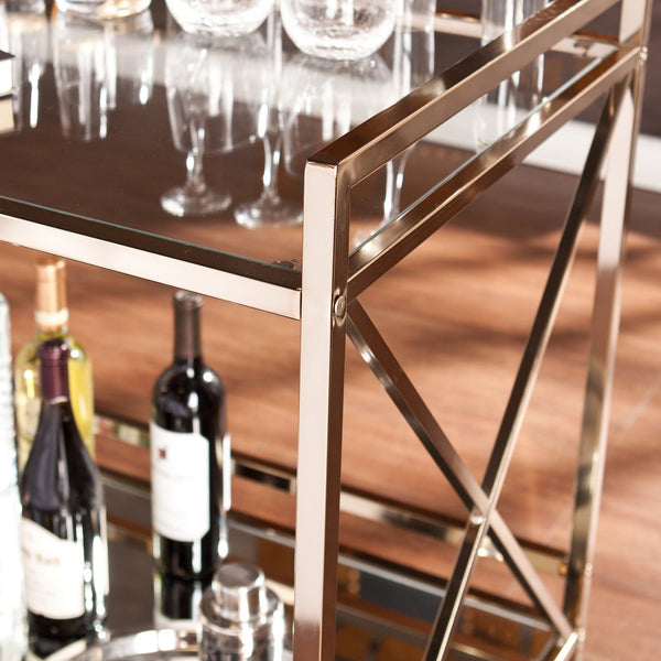 Safavieh Maxton Rolling Bar Cart With Tempered Glass Shelves And Iron Frame For Modern Entertaining GOLD HZ2041