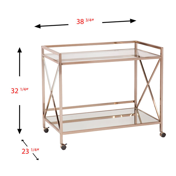 Safavieh Maxton Rolling Bar Cart With Tempered Glass Shelves And Iron Frame For Modern Entertaining GOLD HZ2041