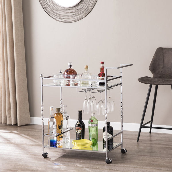 Safavieh Ivers Mirrored Glass Bar Cart With Iron Frame Stemware Racks And Locking Casters HZ3586