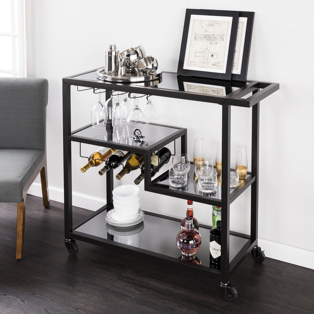 Safavieh Holly And Martin Zephs Iron Bar Cart With Smoked Mirror Shelves Wine Rack Stemware Storage BLACK HZ8813
