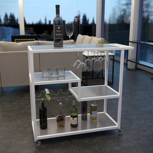 Safavieh Holly And Martin Zephs Rolling Bar Cart With Tempered Glass Shelves And Wine Rack Storage WHITE HZ8818
