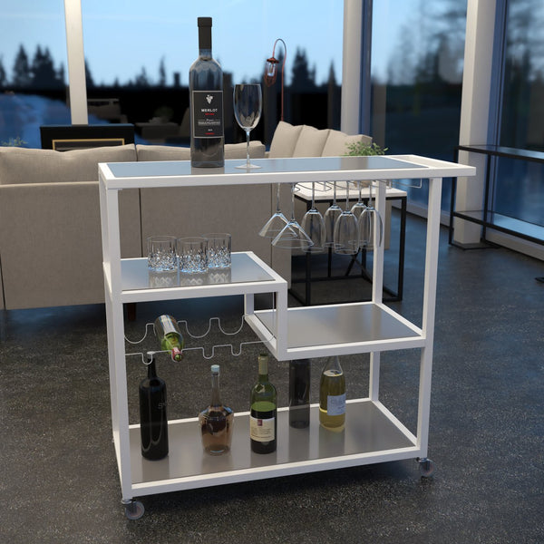 Safavieh Holly And Martin Zephs Rolling Bar Cart With Tempered Glass Shelves And Wine Rack Storage WHITE HZ8818