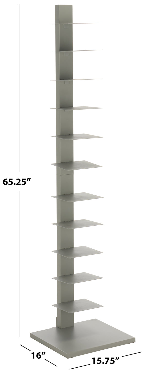 Safavieh Stewartby Spine Tower Shelf Slim Iron Frame 12 Vertical Storage For Small Spaces GREY HZ9495