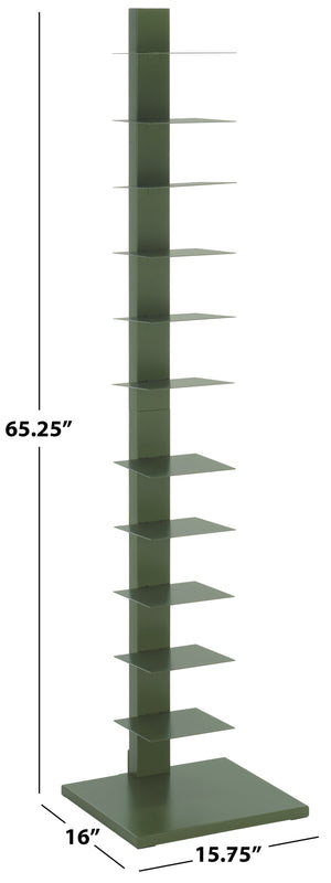 Safavieh Stewartby Spine Tower Shelf Slim Iron Frame 12 Vertical Storage For Small Spaces GARDEN GREEN HZ9496