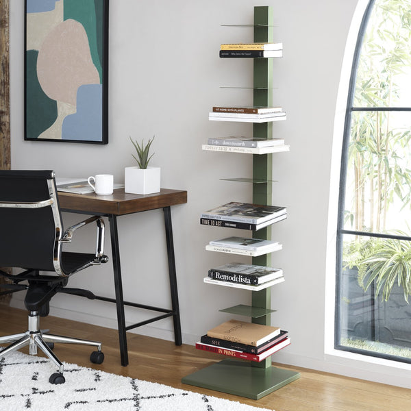 Safavieh Stewartby Spine Tower Shelf Slim Iron Frame 12 Vertical Storage For Small Spaces GARDEN GREEN HZ9496