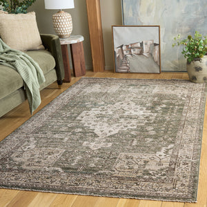 Safavieh Hazel Round Turkish Area Rug In Green Beige Traditional Motif, Low-Pile Power-Loomed, Durable Elegance 6'-0" x 6'-0" HZL518Y-6R