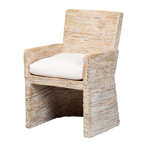Baxton Studio Bali & Pari Harlow Handwoven Seagrass Mango Wood Dining Chair for Bohemian Rooms Armchair Harlow-Whitewashed-Cushion-Arm-DC
