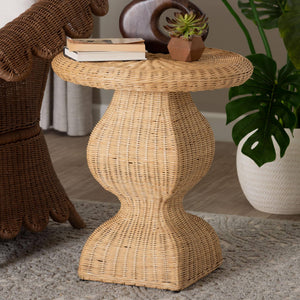 Bali & Pari Hideo Handwoven Rattan Sculptural Side Table Boho Hourglass Pedestal