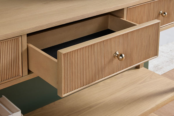 Essentials For Living Highland 3-drawer Console Table - Elegant Oak Design With Fluted Fronts & Brass Knobs For Modern Homes Natural Oak Solid Oak Wood,Mdf,Oak Veneer,Iron 5268.Nat-oak