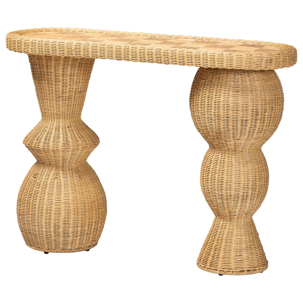 Baxton Studio Bali & Pari Hisao Handcrafted Rattan Oval Console Table with Sculptural Pedestal Base Hisao-Natural Rattan-Console Table