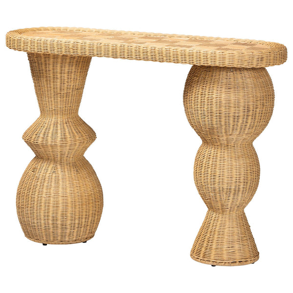 Baxton Studio Bali & Pari Hisao Handcrafted Rattan Oval Console Table with Sculptural Pedestal Base Hisao-Natural Rattan-Console Table