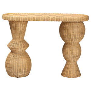 Bali & Pari Hisao Handcrafted Rattan Oval Console Table with Sculptural Pedestal Base