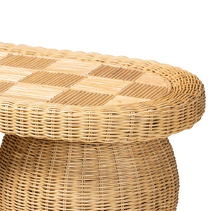 Bali & Pari Hisao Handcrafted Rattan Oval Console Table with Sculptural Pedestal Base