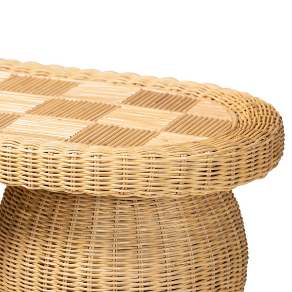 Bali & Pari Hisao Handcrafted Rattan Oval Console Table with Sculptural Pedestal Base