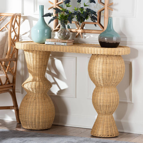 Bali & Pari Hisao Handcrafted Rattan Oval Console Table with Sculptural Pedestal Base