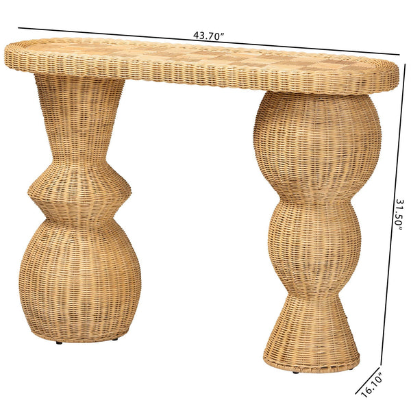 Bali & Pari Hisao Handcrafted Rattan Oval Console Table with Sculptural Pedestal Base
