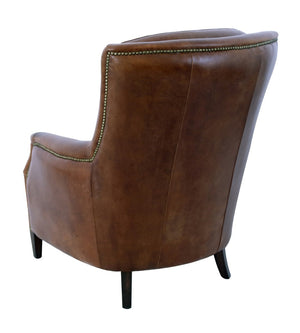 Pasargad Home Baker Wing Chair - Vintage Cigar Brown Leather With Elegant Dark Wood Legs Brown Leather Chair-900