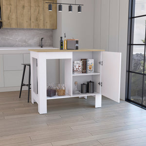 English Elm Kitchen Island 35" H With Storage Cabinet & Open Shelves - White/Macadamia Finish For Modern Spaces B097132932