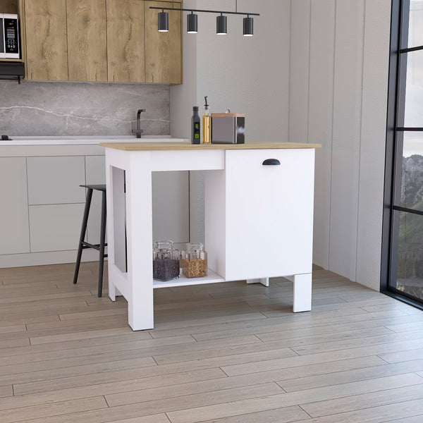 English Elm Kitchen Island 35" H With Storage Cabinet & Open Shelves - White/Macadamia Finish For Modern Spaces B097132932