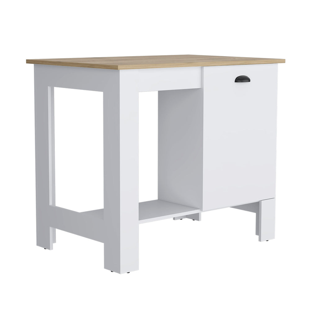 English Elm Kitchen Island 35" H With Storage Cabinet & Open Shelves - White/Macadamia Finish For Modern Spaces B097132932