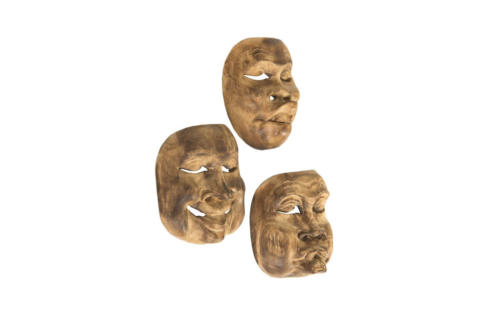 Phillips Collection Indonesian Masks Set Of 3 - Handcrafted Teak Wood Sculptures For Unique Home Decor & Conversations Brown Wood Id103396