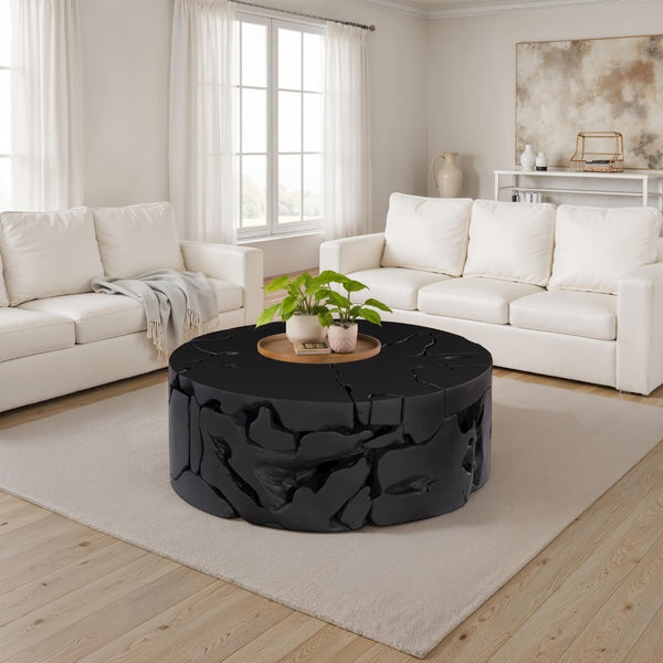 Phillips Collection Teak Round Coffee Table - Handcrafted Sustainable Centerpiece with Unique Grain Patterns in Black Finish ID104053