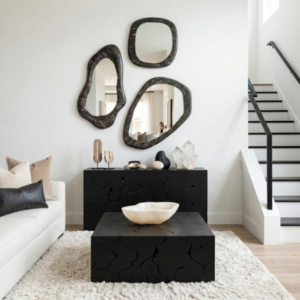 Phillips Collection Teak Slice Square Mosaic Coffee Table Reclaimed Wood Black Finish Living Room ID112145